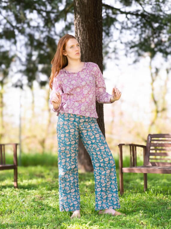 Blockprinted Cotton Pants - Green Teal
