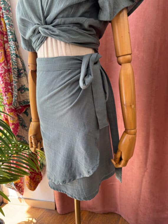 Bambula Cotton Mini Wrap Skirt ~ Dusty Blue