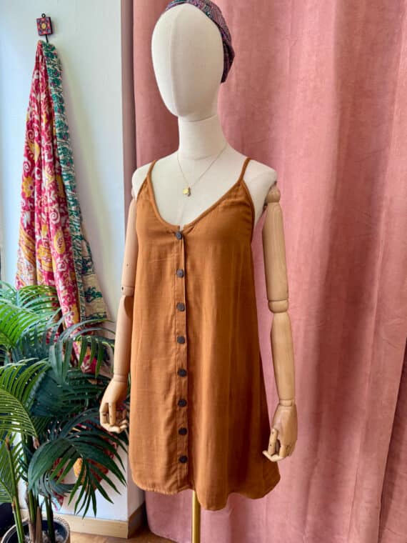 Double-Gauze Cotton Short Button Dress - Caramel