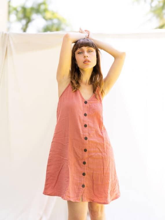 Double-gauze Cotton Short Button Dress ~ Rose Pink