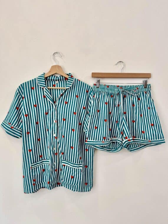 Short Pajamas Set ~ Teal Stripes & Hearts