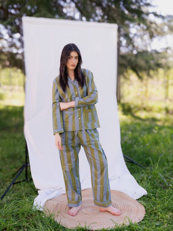 Long Pajamas Set ~ Khaki & Lillac Stripes