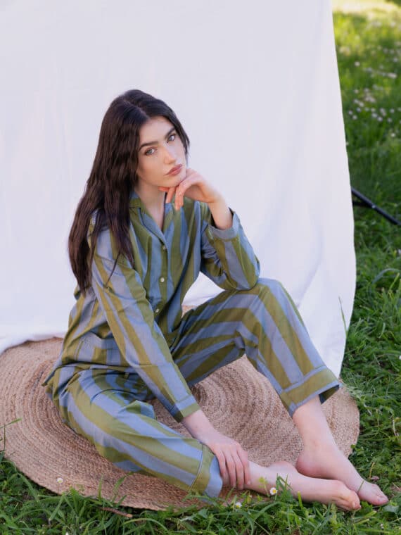 Long Pajamas Set ~ Khaki & Lillac Stripes