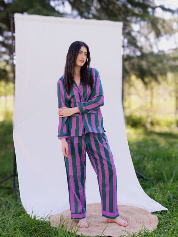 Long Pajamas Set - Purple & Forest Green