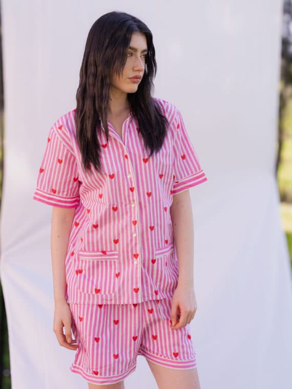 Short Pajamas Set ~ Pink Stripes & Hearts