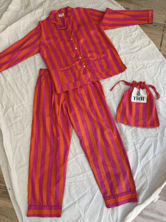 Long Pajamas Set ~ Fucsia&Orange Stripes