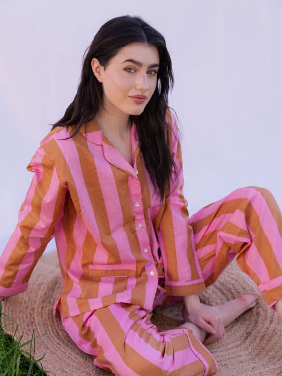 Long Pajamas Set ~ Pink & Cappuccino Stripes