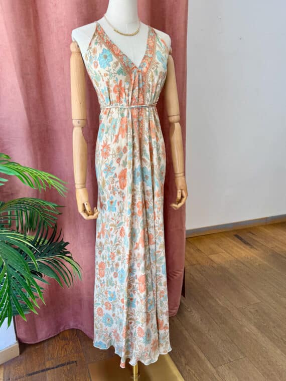 Silk Crepe Anjuna Dress ~ White & Peach Flowers