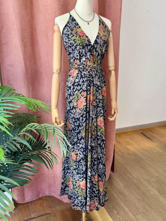 Silk Crepe Anjuna Dress ~ Black & Pink Flowers