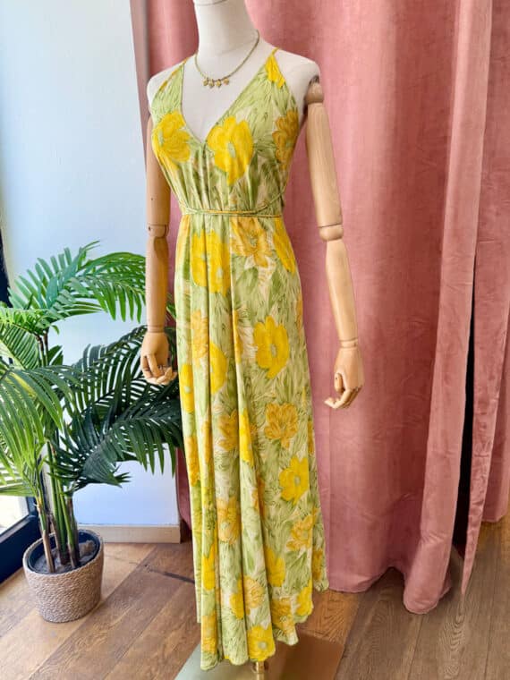 Silk Crepe Anjuna Dress ~ Green & Yellow Flowers